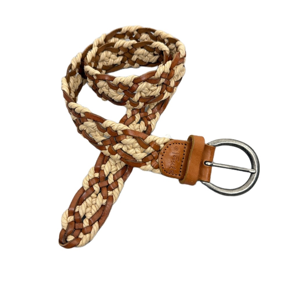 Fossil Woven Leather Belt Womens Brown Cotton Braided Silver Buckle 1.25in Boho